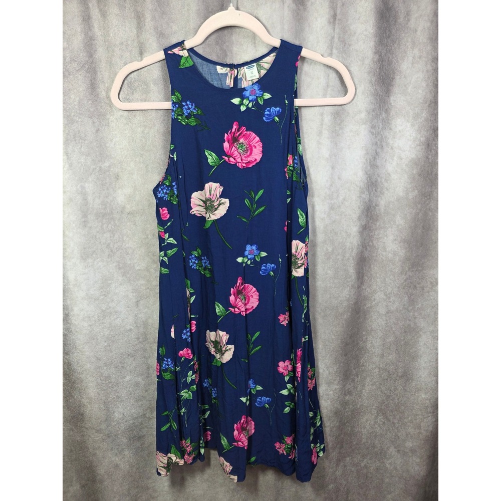 Old Navy Womens Navy Blue Pink Floral Sleeveless Swing Dress XS High Neck Rayon